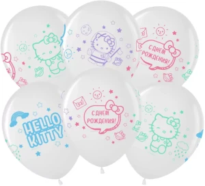 Вв (12''/30 см) Hello Kitty, С Днем Рождения!, Белый (200)/Прозрачный (600), кристалл, 4 ст, 25 шт.