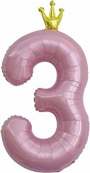 Fa (40&quot;/102 см) Цифра, 3 Золотая корона, Розовый, 1 шт. в упак.