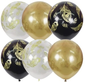 M (12&quot;/30см) BLACK&amp;GOLD&amp;TRANSPARENT (шелк) 5 ст. рис Перо Павлина, 25 шт.